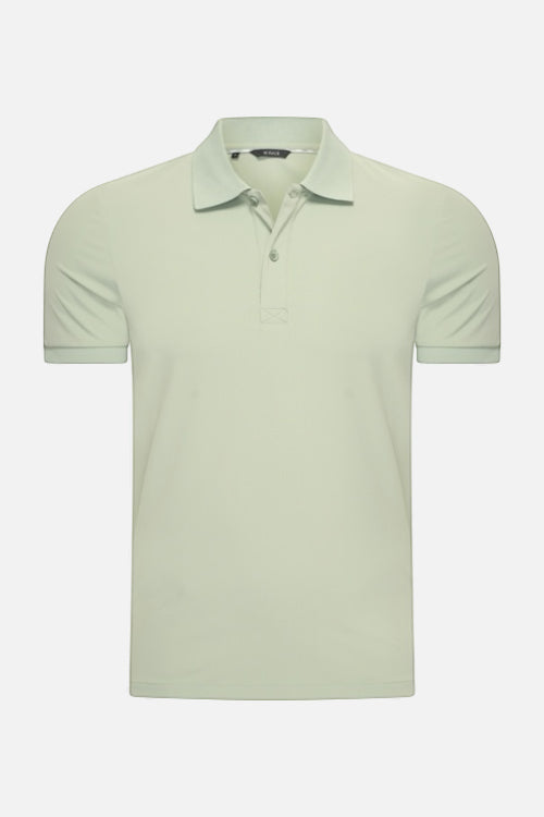 Polo Voyage sauge pour homme, maille respirante, col tenu — COMOCLO